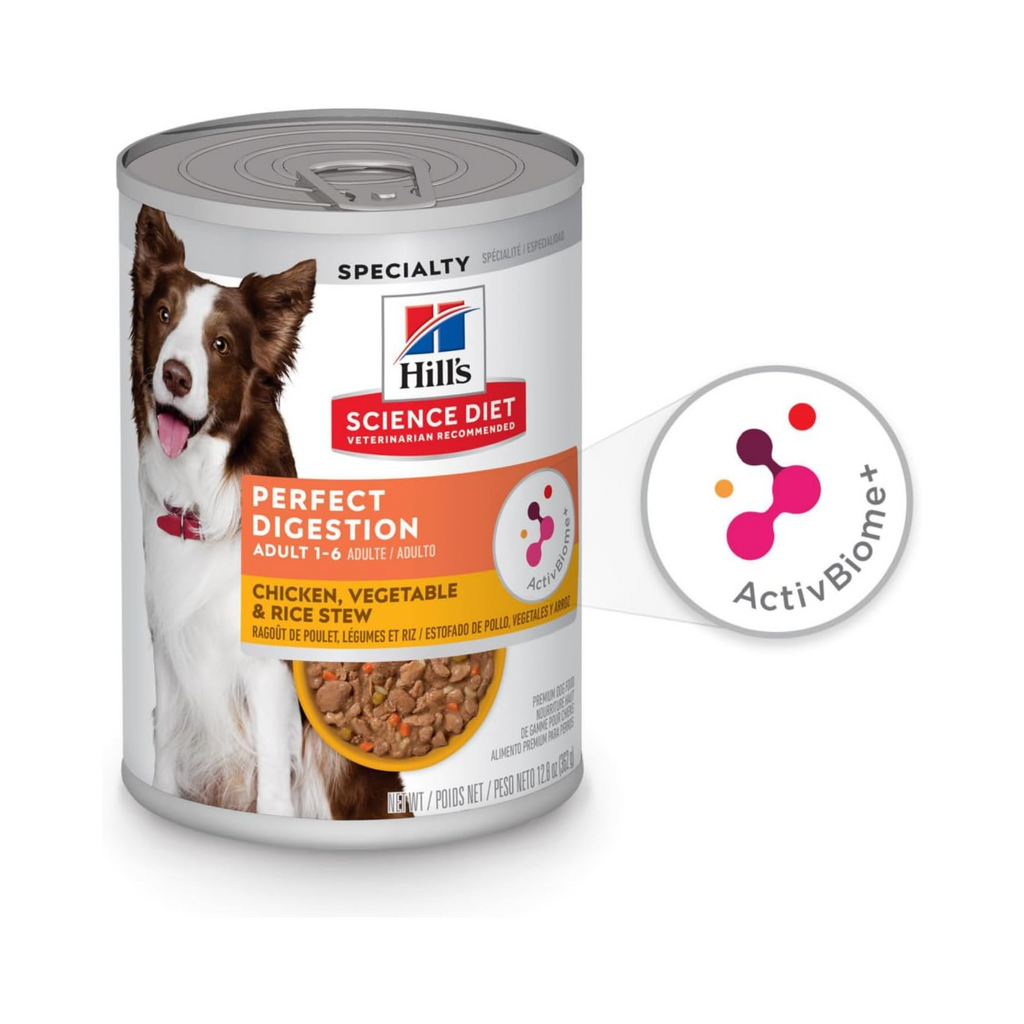 12 Latas Hill's Science Diet Adult Perfect Digestion Sabor Estofado Pollo y Vegetales, Alimento Húmedo para Perros Adultos, Digestión Saludable, 363g