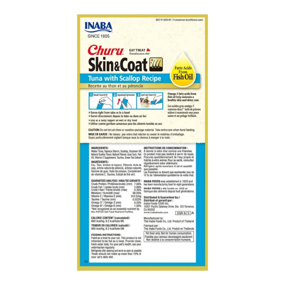 Churu 6 Pack Premios para Gato Skin and Coat Atún con Vieiras 4 tubos de 14 Gr c/u