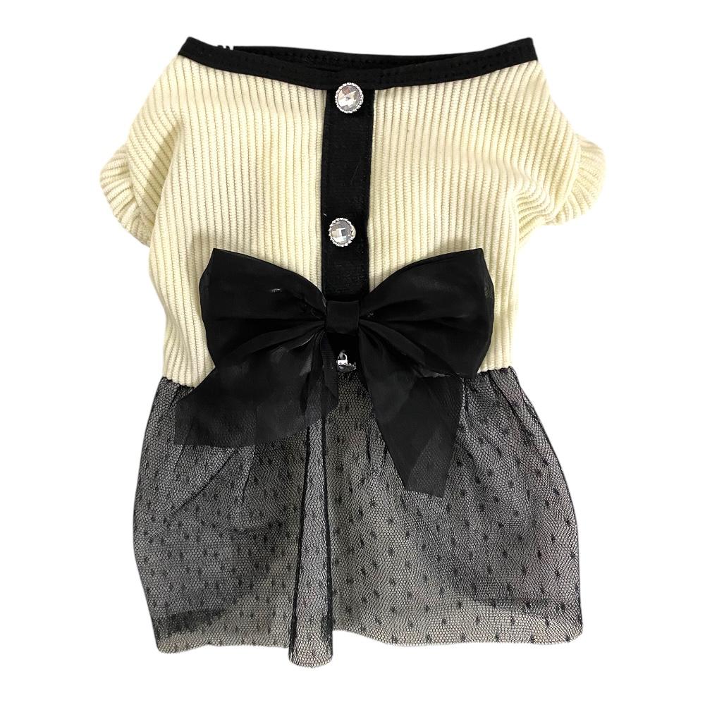 Vestido de Noche color Beige con Moño Negro Talla XXS
