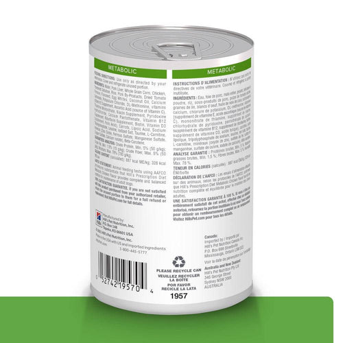 Lata Hill's Prescription Diet Metabolic, Pérdida y Mantenimiento del Peso, con Pollo para Perro, 369 g - AniMALL