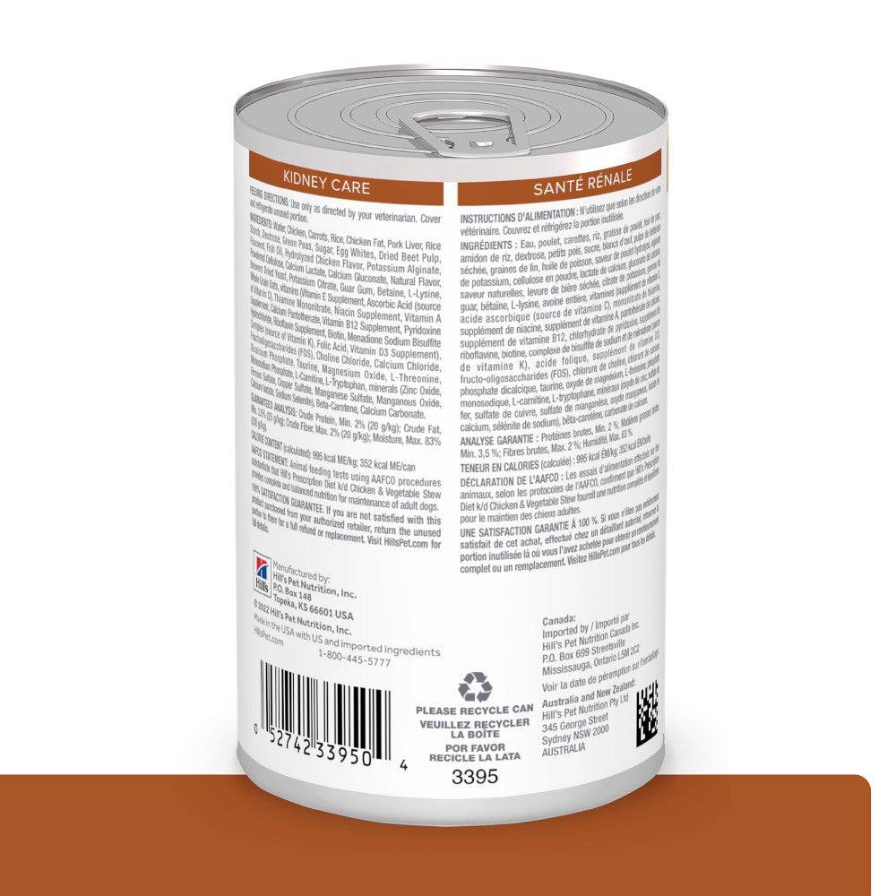 Hill's Prescription Diet k/d, Cuidado Renal, para Perro, Estofado de Pollo y Vegetales, 363 g - AniMALL