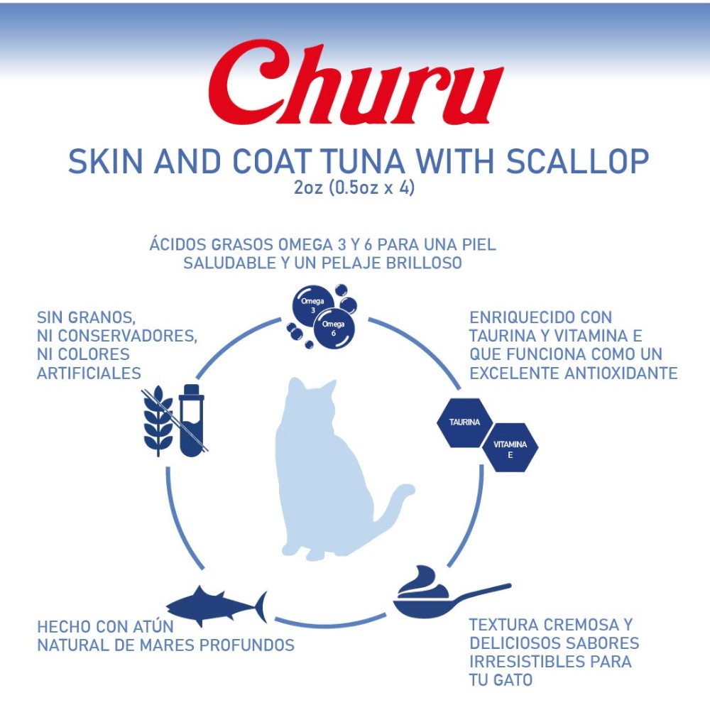 Churu Premio para Gato Skin and Coat Atún con Vieiras 4 tubos de 14 Gr c/u