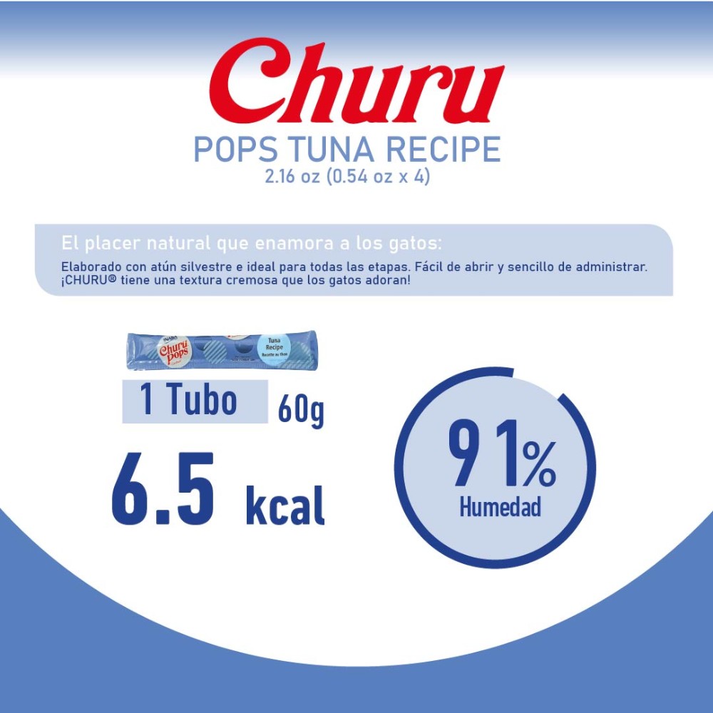 Premio para Gato Churu Pops Atún, Puré Cremoso , 4 Tubos