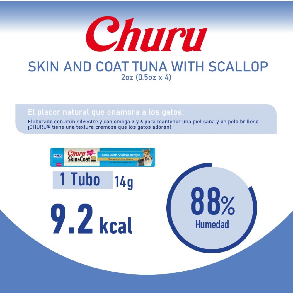 Churu 6 Pack Premios para Gato Skin and Coat Atún con Vieiras 4 tubos de 14 Gr c/u