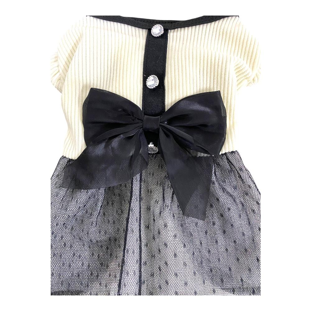 Vestido de Noche color Beige con Moño Negro Talla XXS