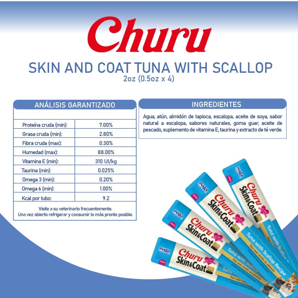 Churu Premio para Gato Skin and Coat Atún con Vieiras 4 tubos de 14 Gr c/u