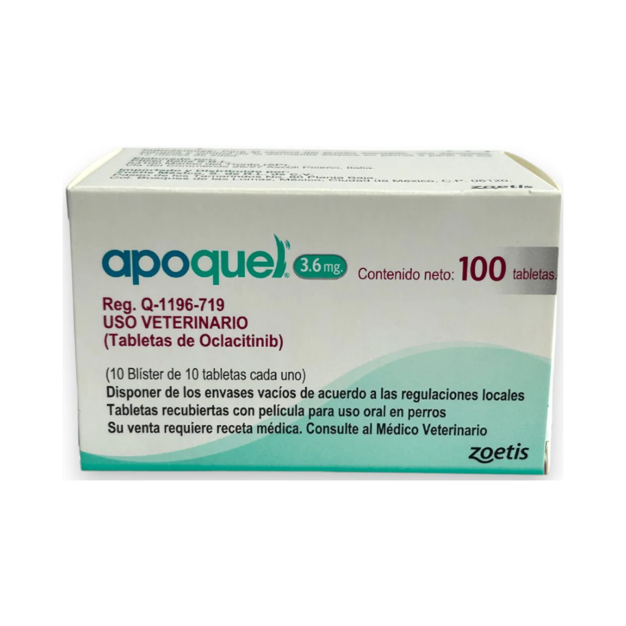 Apoquel 100 tabletas 3.6 mg para perros con dermatitis atópica y prurito alérgico, oclacitinib veterinario Zoetis