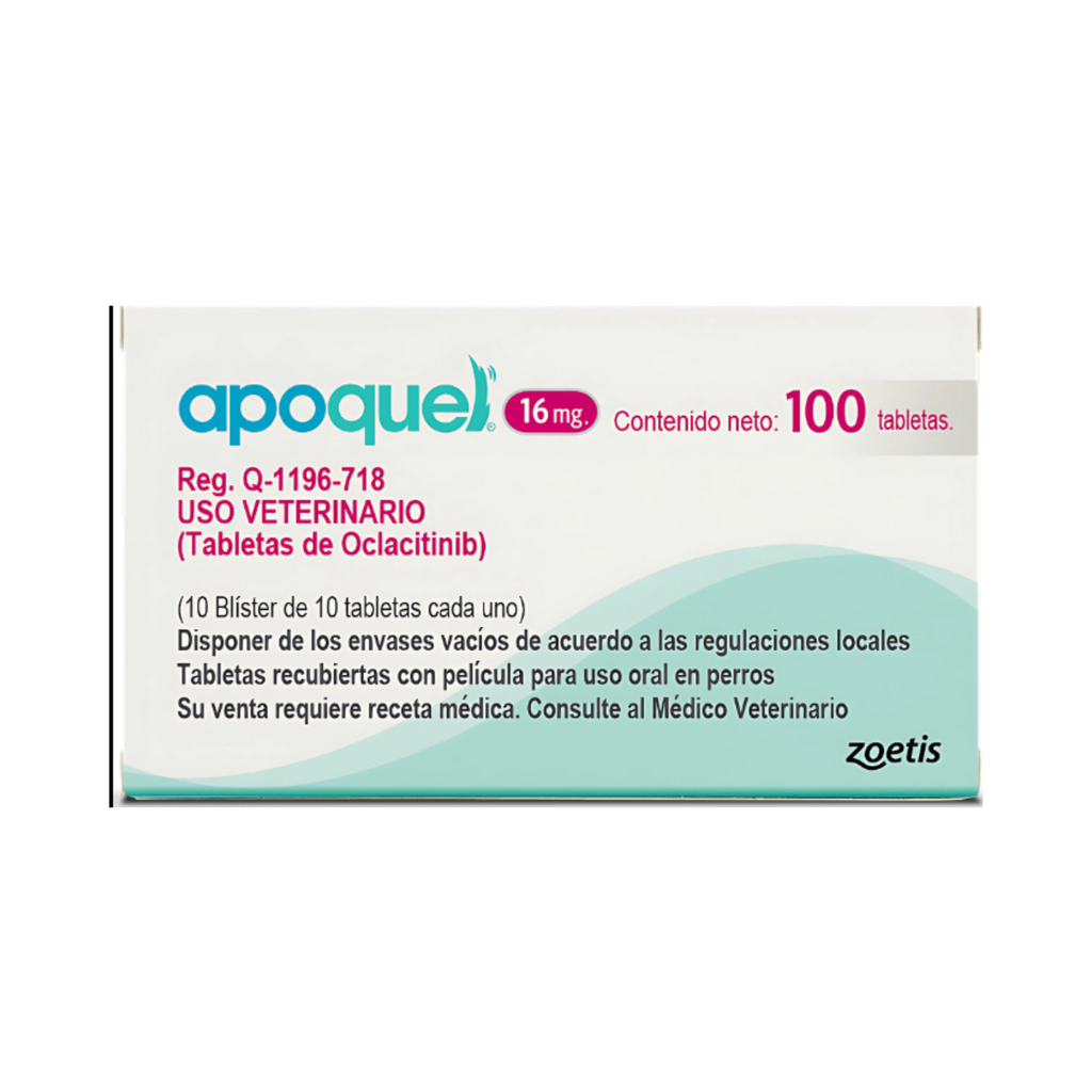 Apoquel 100 tabletas 16 mg para perros con dermatitis atópica y prurito alérgico, oclacitinib veterinario Zoetis