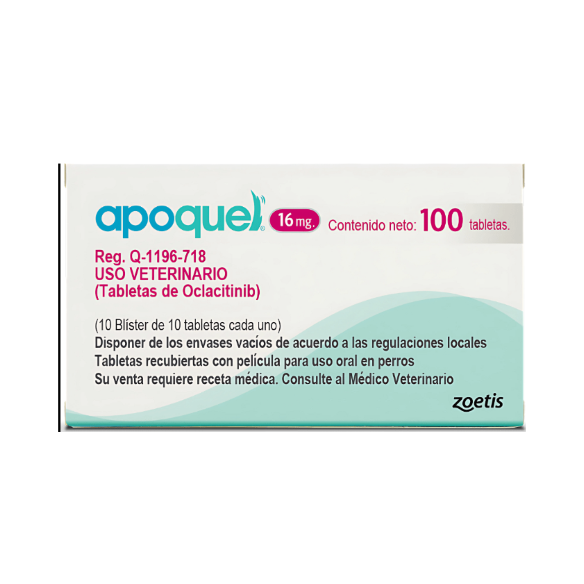 Apoquel 100 tabletas 16 mg para perros con dermatitis atópica y prurito alérgico, oclacitinib veterinario Zoetis