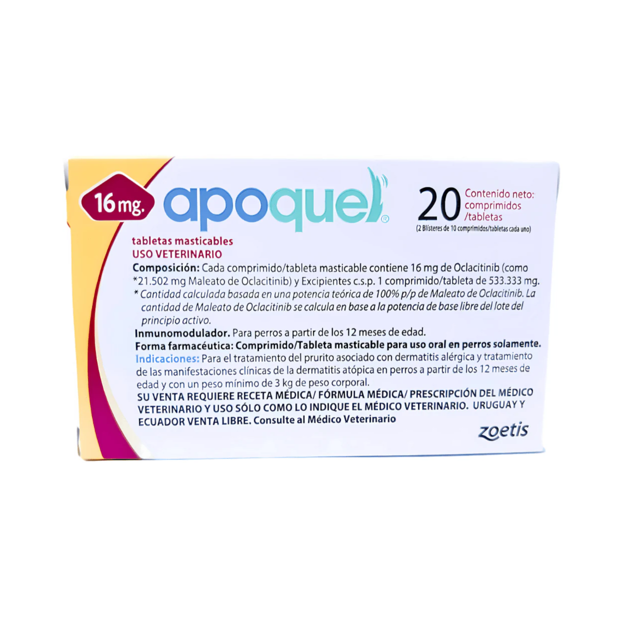 Apoquel masticable 20 tabletas 16 mg para perros con dermatitis atópica y prurito, oclacitinib veterinario Zoetis