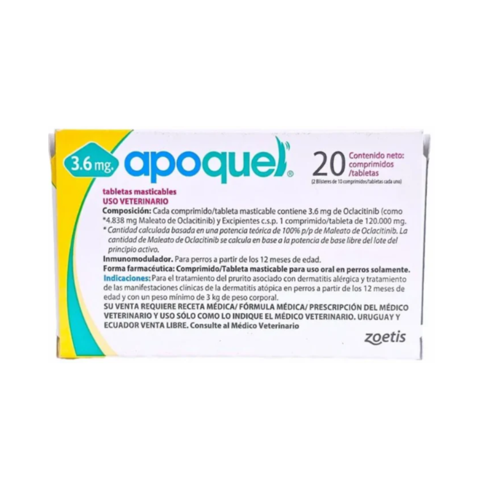 Apoquel masticable 20 tabletas 3.6 mg para perros con dermatitis atópica y prurito alérgico, oclacitinib Zoetis