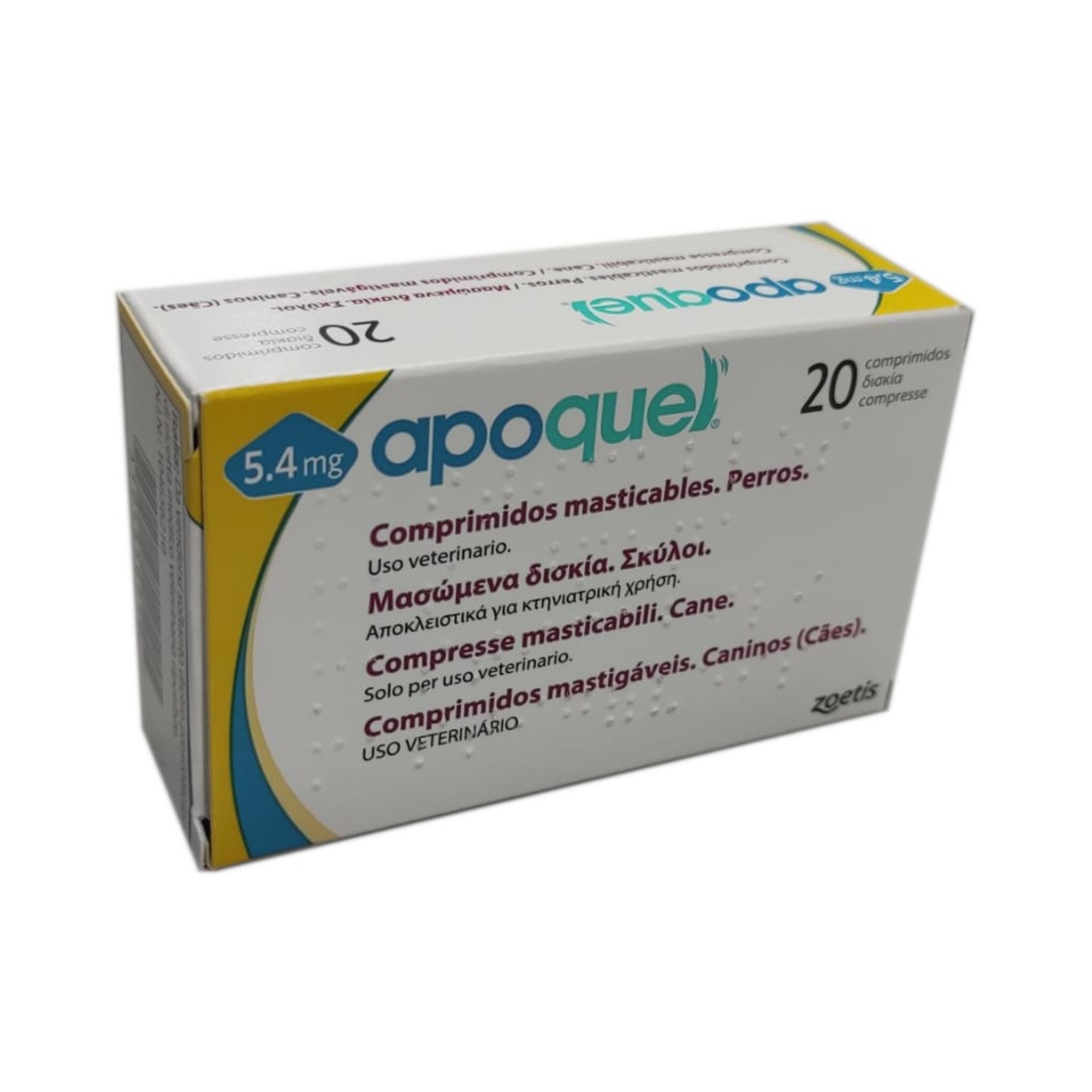 Empaque de Apoquel Masticable 5.4 mg caja con 20 tabletas Zoetis para perros de 10 a 20 kg