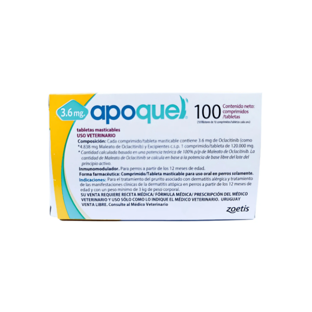 Apoquel Masticable 3.6 mg frasco con 100 tabletas para perros de 4 a 10 kg con dermatitis atópica, Zoetis