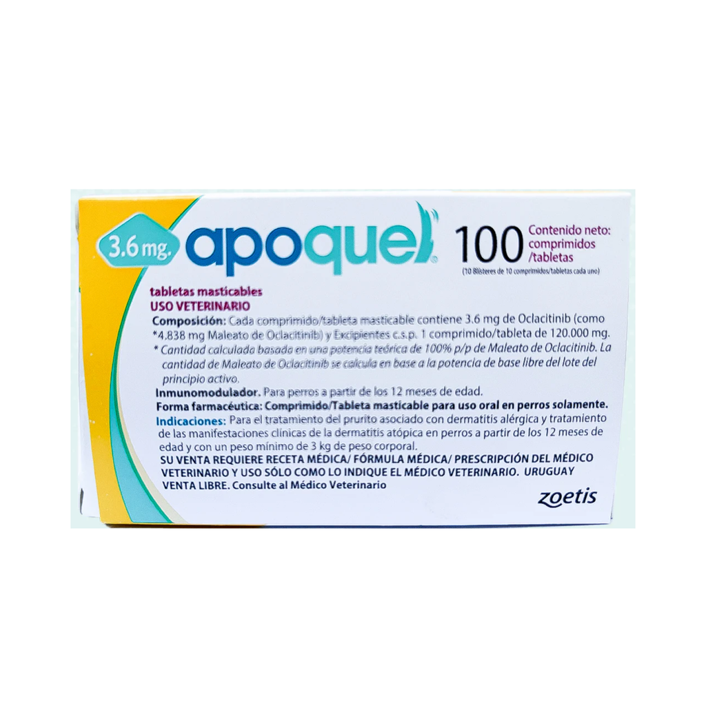 Apoquel masticable 100 tabletas 3.6 mg para perros con dermatitis atópica y prurito alérgico, oclacitinib Zoetis