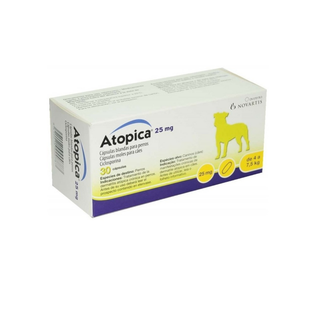 Atopica 25 mg Elanco, 30 cápsulas de ciclosporina para dermatitis atópica en perros y gatos