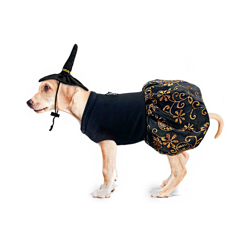 CATM Disfraz de Bruja Color Negro con Diseño de Flores Naranja para Mascota Talla 4