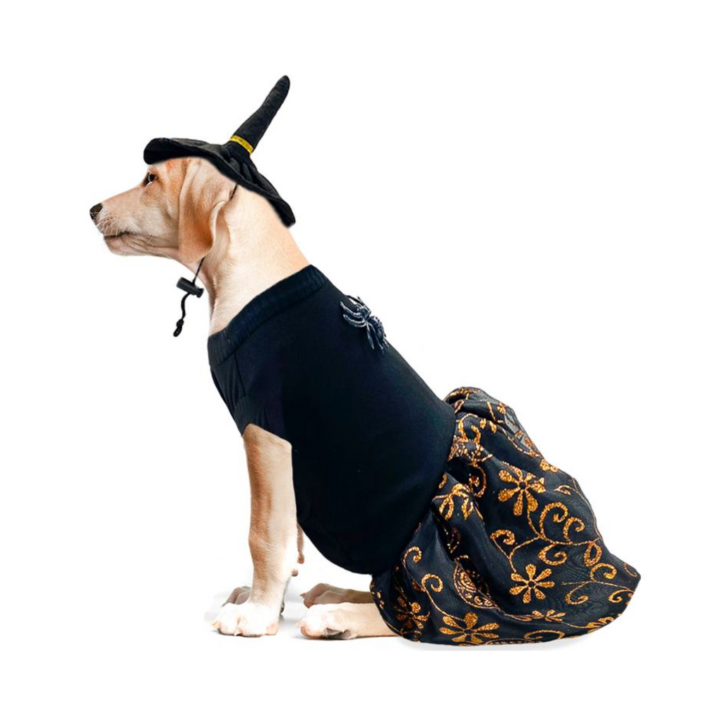 CATM Disfraz de Bruja Color Negro con Diseño de Flores Naranja para Mascota Talla 3