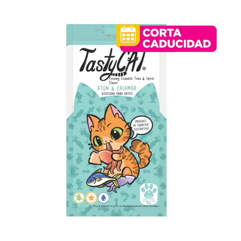 CORTA CADUCIDAD 23/07/2026 Premios para Gato Tasty Cat Atun y Calamar Caja con 12 Bolsas de 4 Tubos de 15 g c/u
