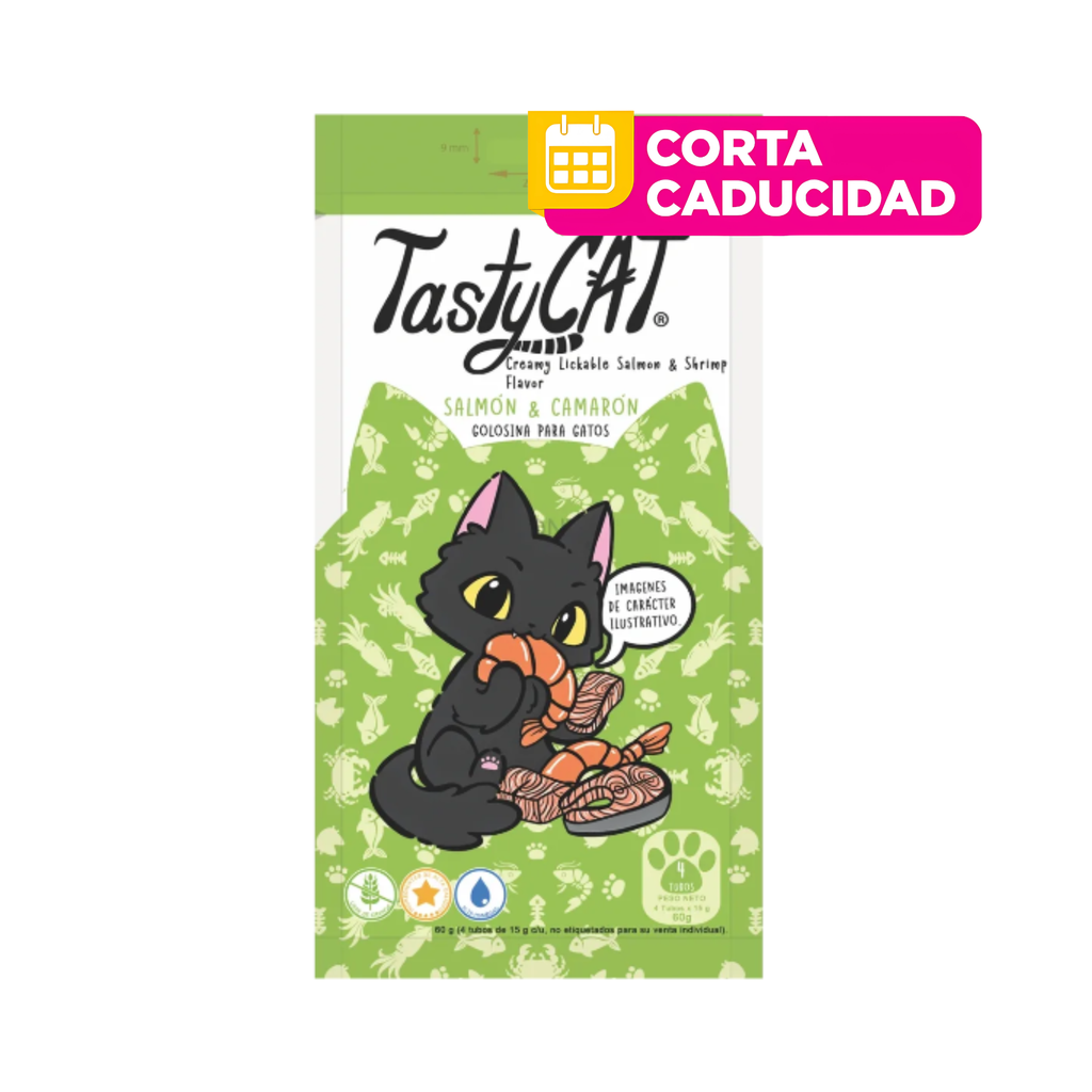 CORTA CADUCIDAD 25/07/2026 Premios para Gato Tasty Cat Salmon y Camaron Caja con 12 Bolsas de 4 Tubos de 15 g c/u