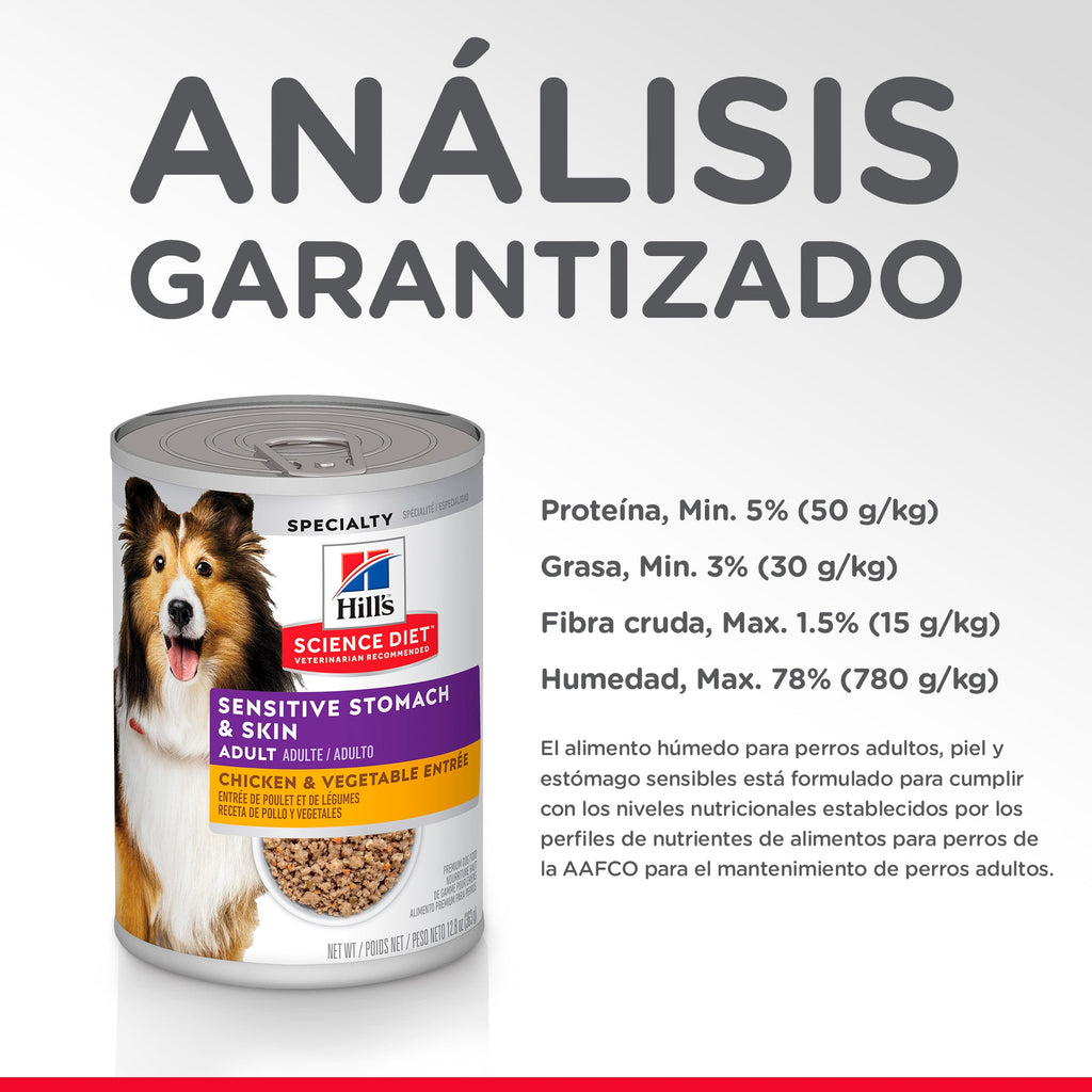 12 Latas Hill's Science Diet Perro Adulto Sensitive Skin and Stomach Piel y Estomago Sensible 363 gr