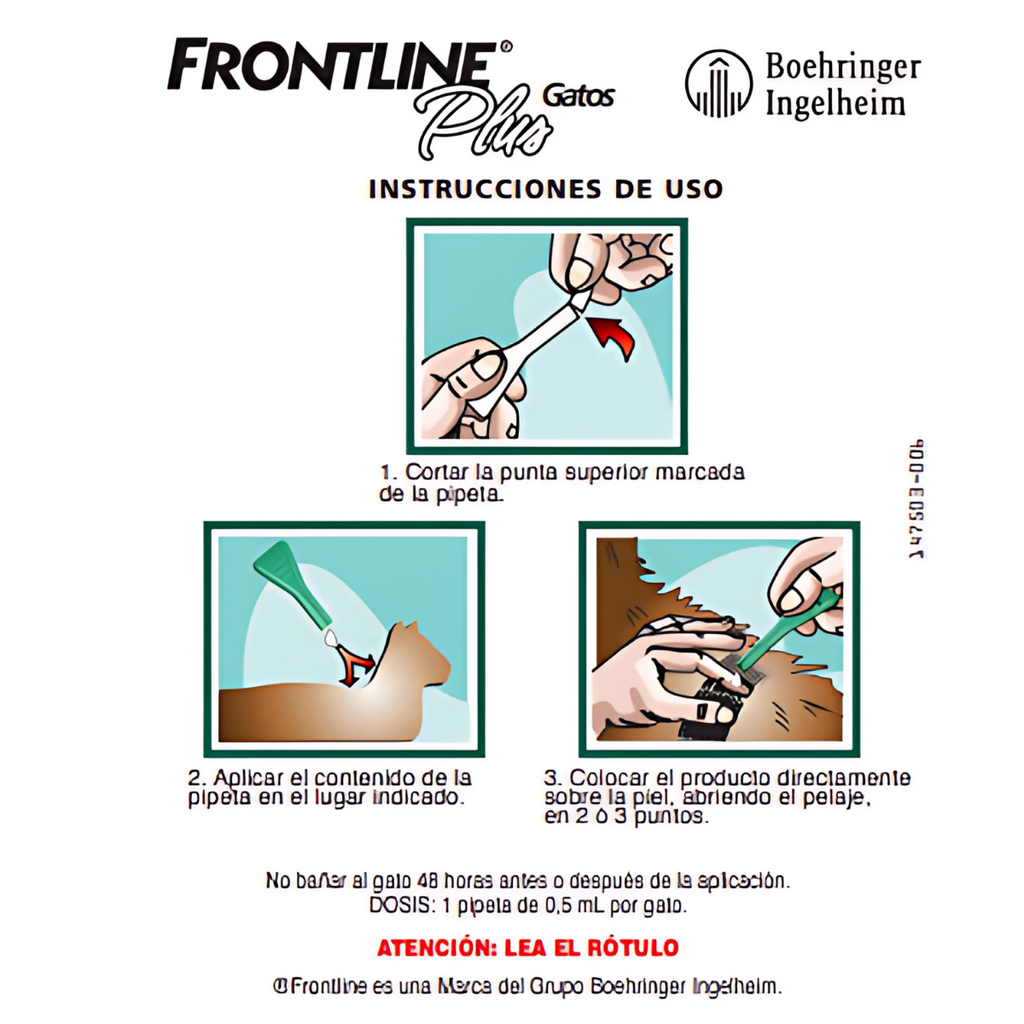 Frontline Plus para gatos antipulgas y antigarrapatas 3 pipetas, aplicacion topica mensual con fipronil