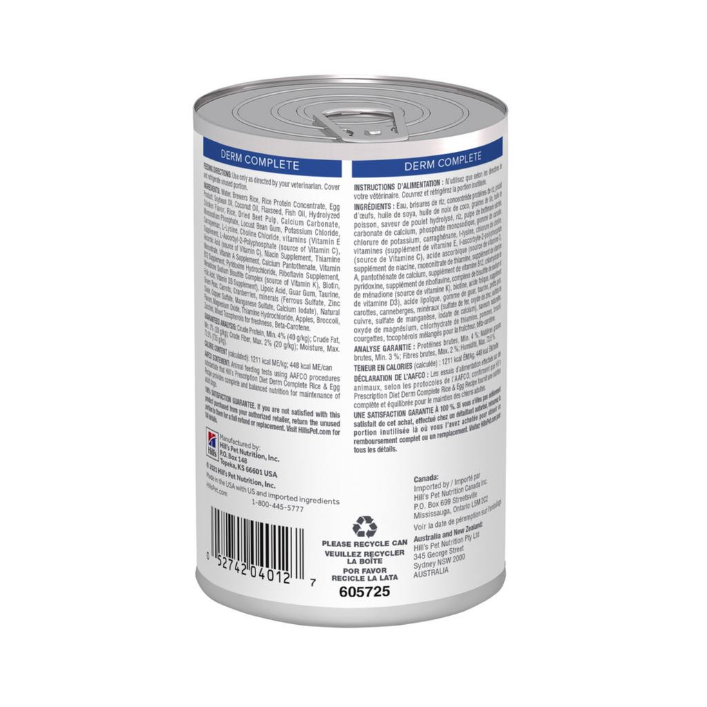 12 Latas Hill's Prescription Diet Alimento Húmedo para perro, Derm Complete Rice and Egg Recipe Canned Dog Food, 370g