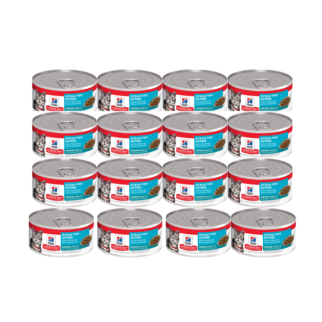 24 Latas Hill's Science Diet Adult Indoor, Alimento Húmedo en Lata para Gato Adulto Receta de Pescado Marino, 156g