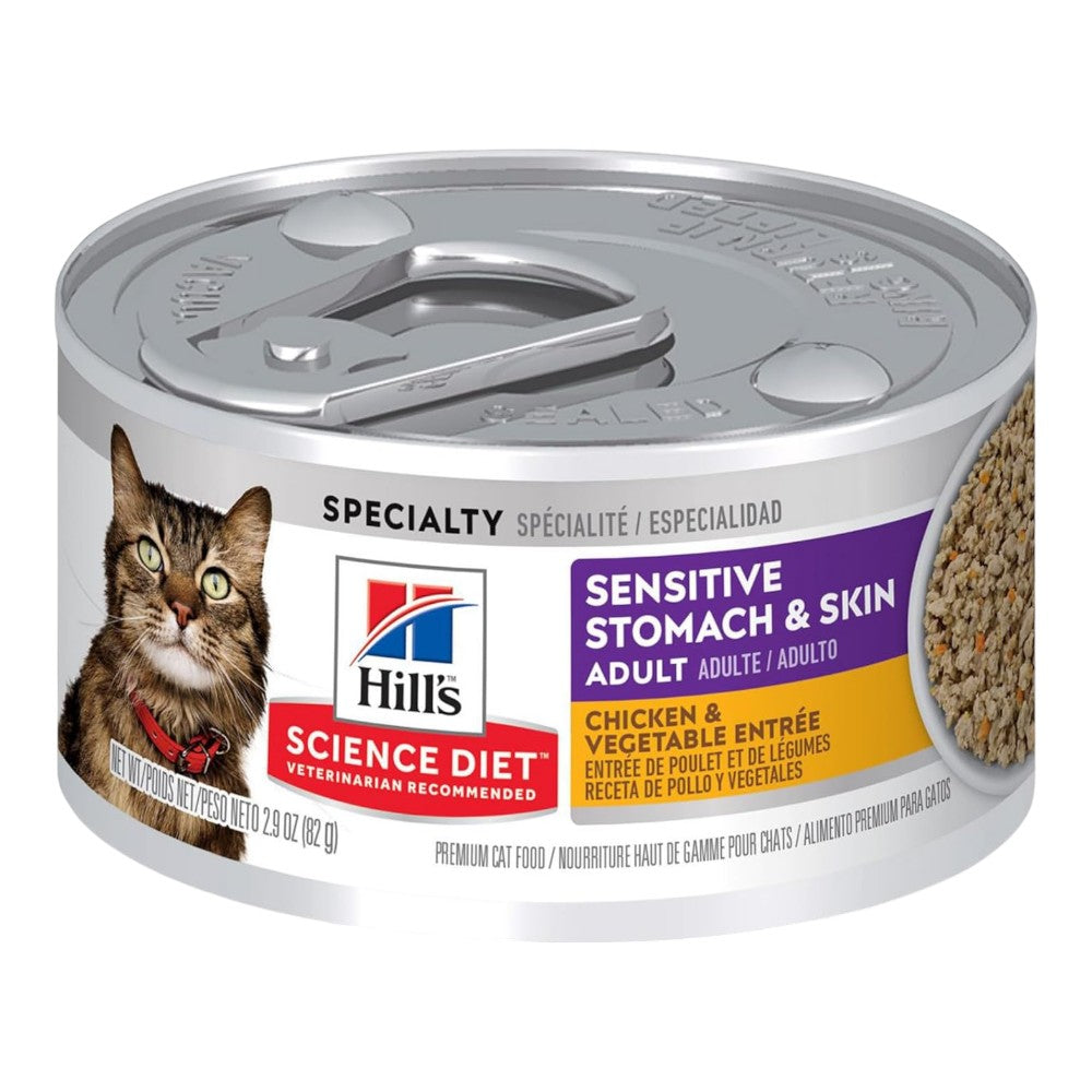 24 Latas Hill's Science Diet Gato Adulto Sensitive Skin and Stomach Piel y Estomago Sensible 82gr