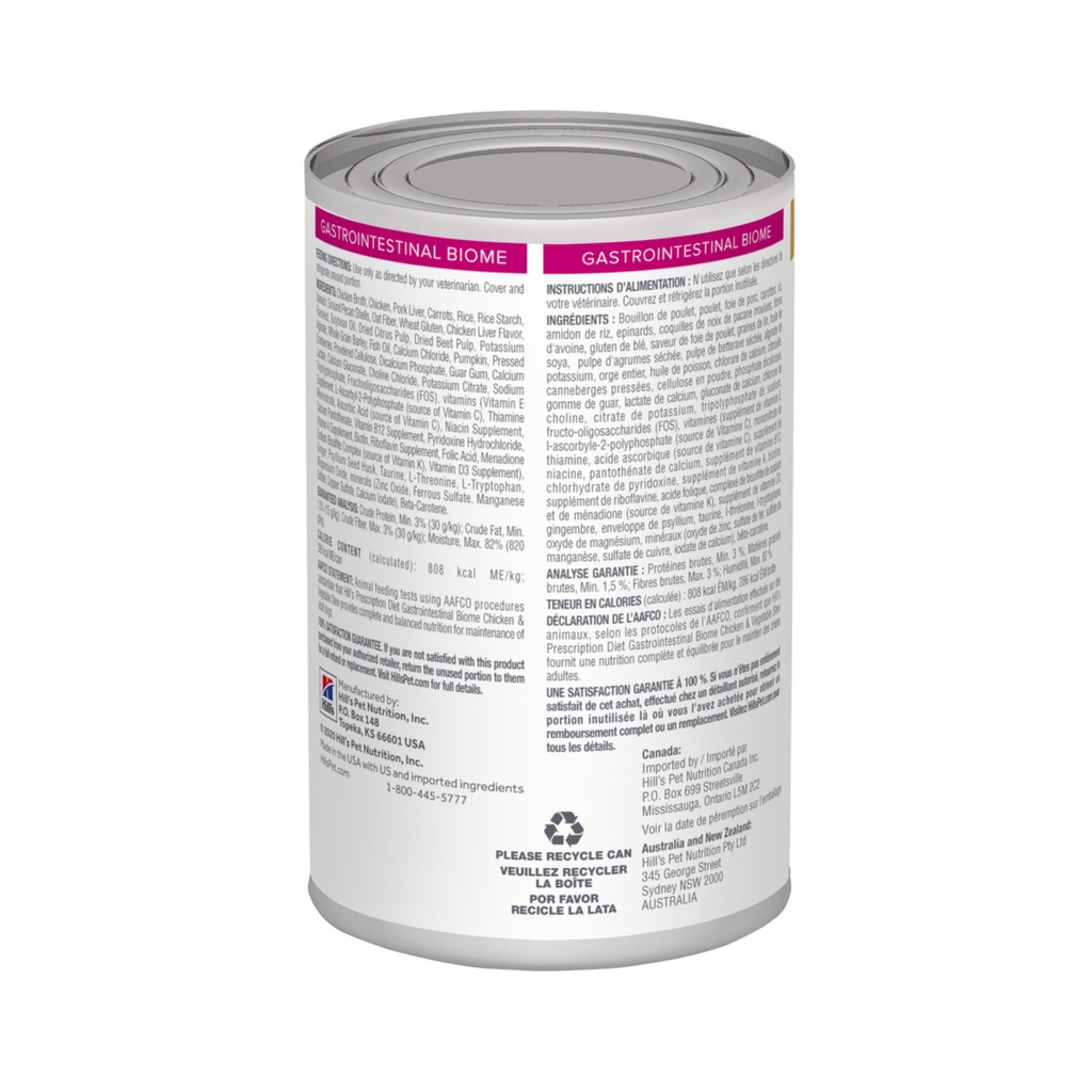 Lata de Hill's Gastrointestinal Biome alimento húmedo digestivo para perro, estofado de pollo y vegetales 354 g