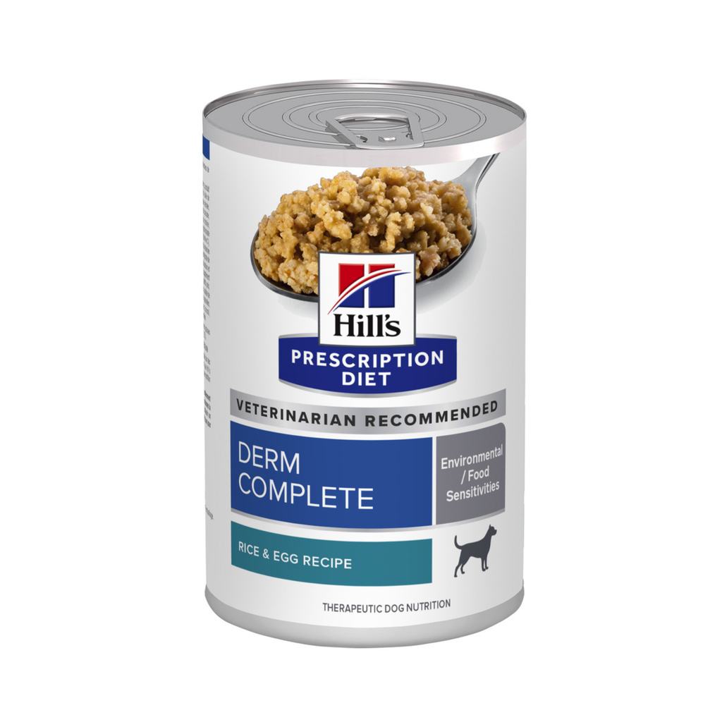 1 Lata Hill's Prescription Diet Alimento Húmedo para perro, Derm Complete Rice and Egg Recipe Canned Dog Food, 370g