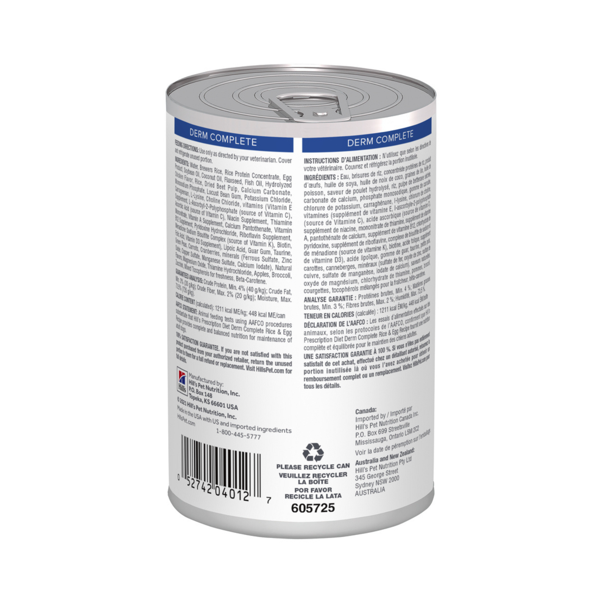 1 Lata Hill's Prescription Diet Alimento Húmedo para perro, Derm Complete Rice and Egg Recipe Canned Dog Food, 370g