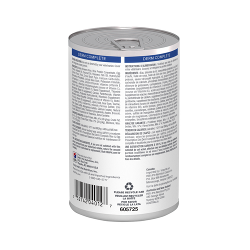 1 Lata Hill's Prescription Diet Alimento Húmedo para perro, Derm Complete Rice and Egg Recipe Canned Dog Food, 370g