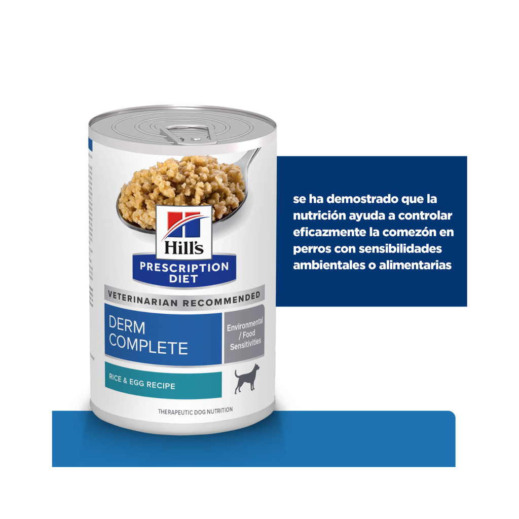 1 Lata Hill's Prescription Diet Alimento Húmedo para perro, Derm Complete Rice and Egg Recipe Canned Dog Food, 370g