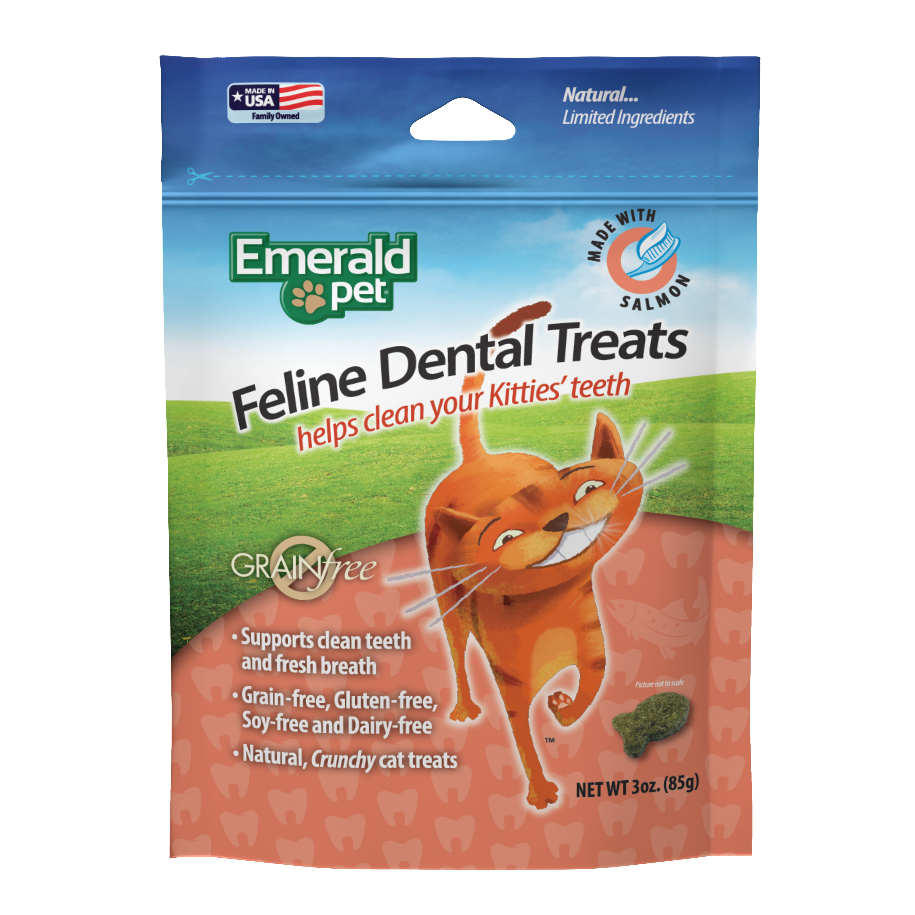 Emerald Pet Premios para Gatos Dental Treats, Sabor Salmón, Dientes Limpios y Aliento Fresco 85gr