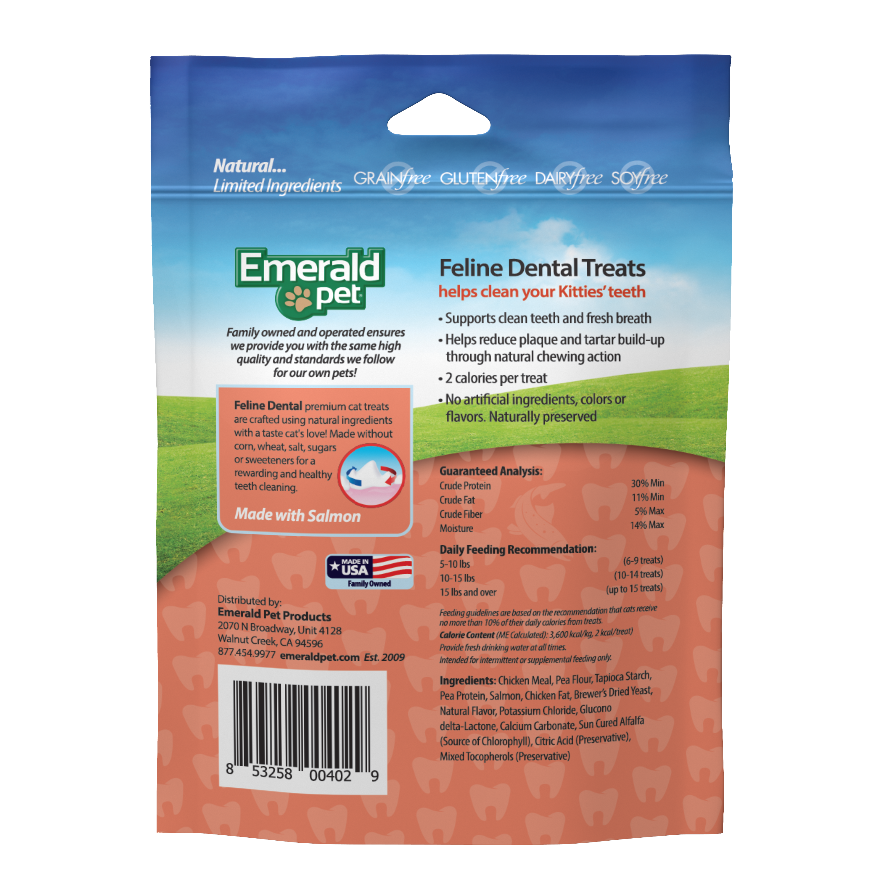 Emerald Pet Premios para Gatos Dental Treats, Sabor Salmón, Dientes Limpios y Aliento Fresco 85gr