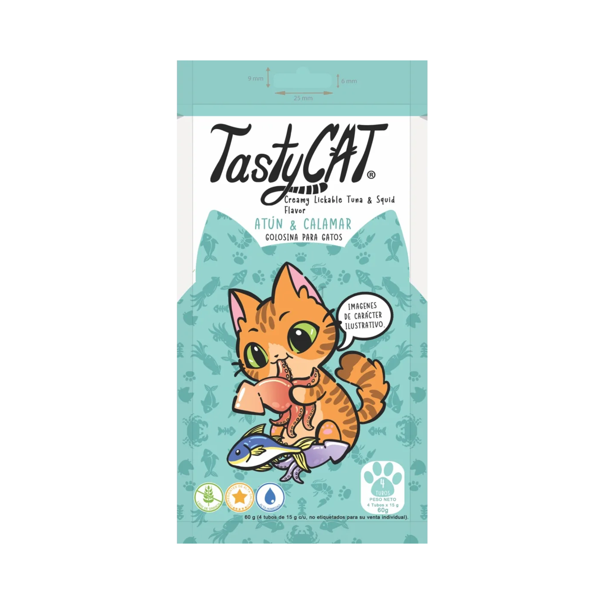 CORTA CADUCIDAD 23/07/2026 Premios para Gato Tasty Cat Atun y Calamar Bolsa con 4 Tubos de 15 g c/u