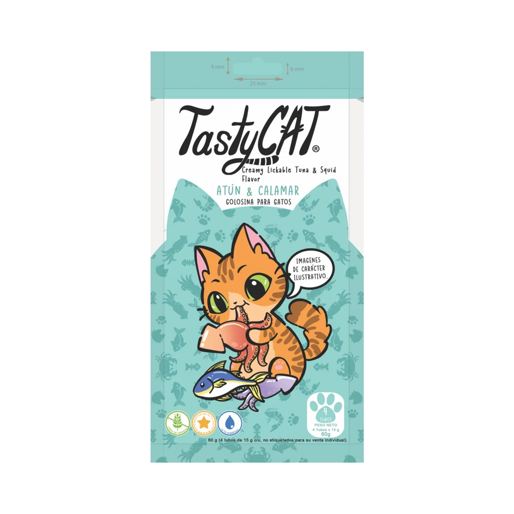 Premios para Gato Tasty Cat Atun y Calamar Caja con 12 Bolsas de 4 Tubos de 15 g c/u