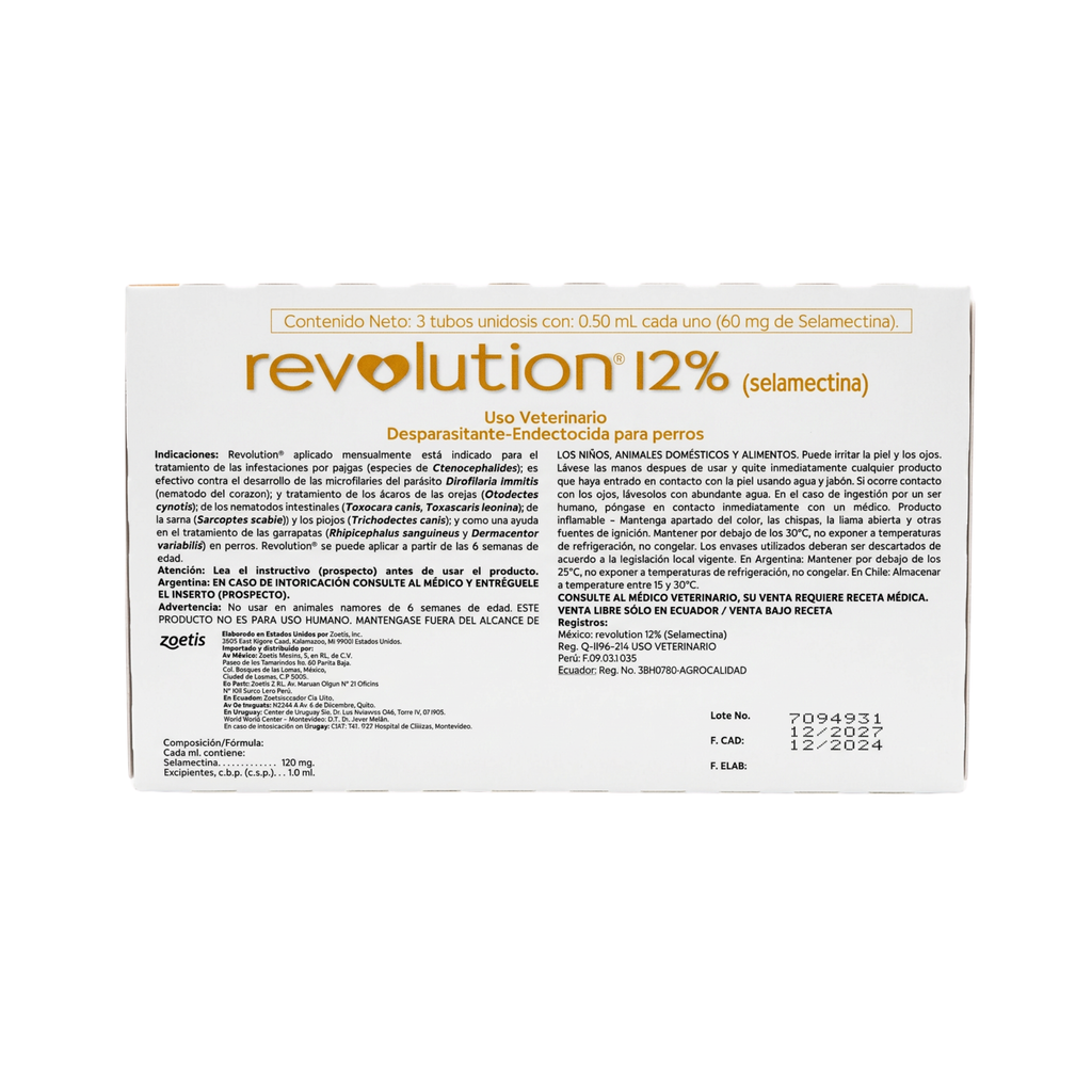 Revolution® Selamectina 3 pipetas para perros de 5-10 kg - Vista posterior con instrucciones