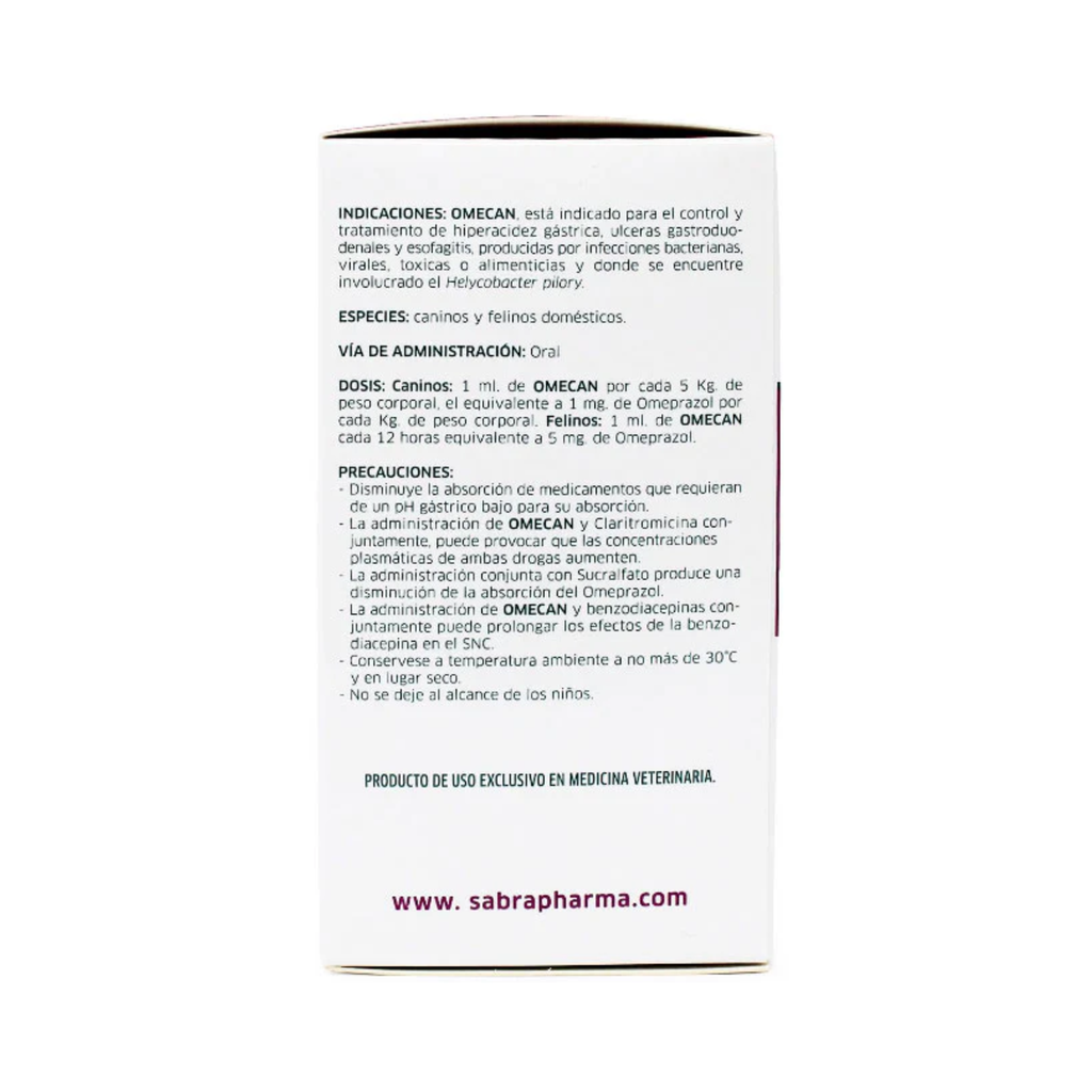 Sabra Pet Health Omecan Antiacido, Antiulceroso Omeprazol Suspensión Oral 50 ml