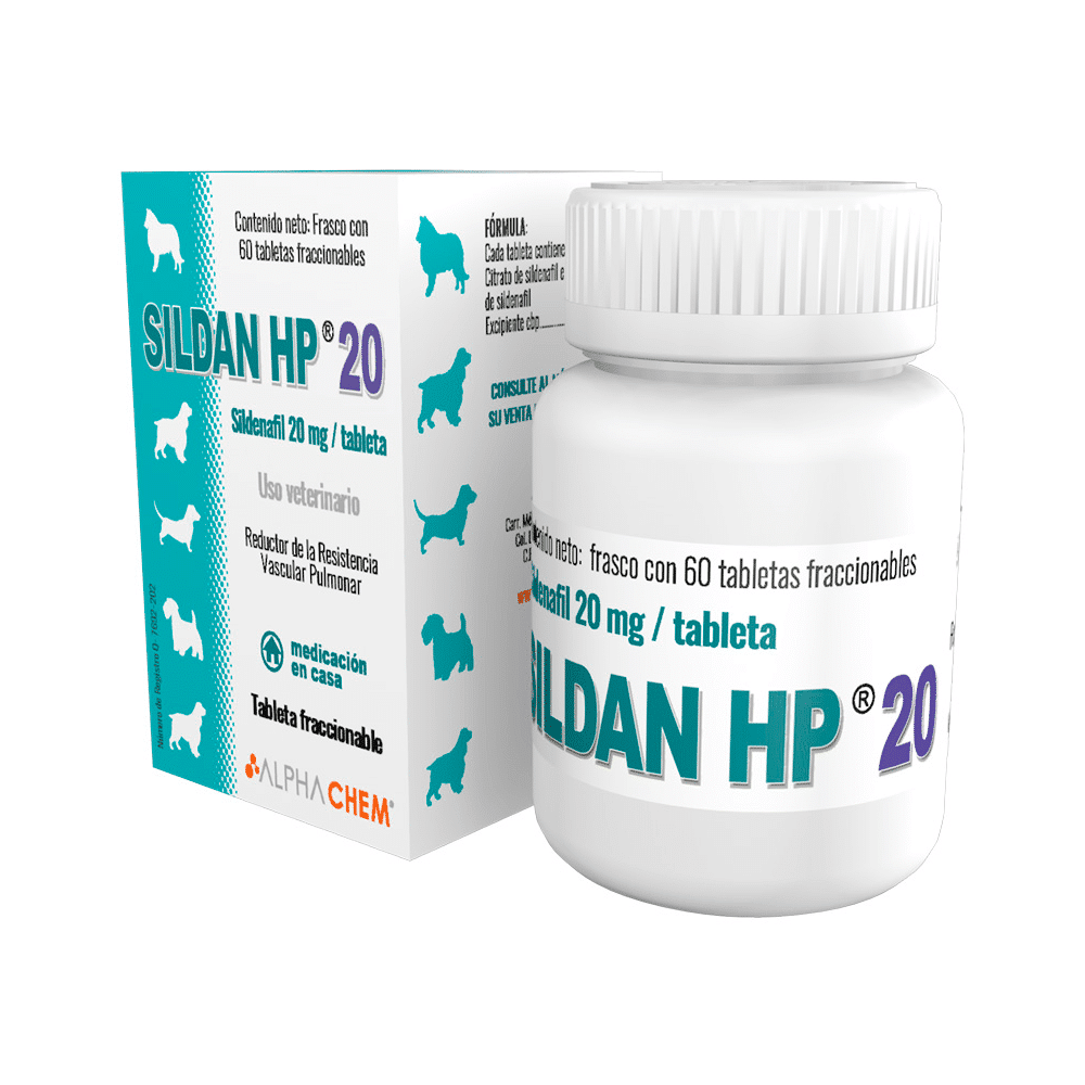 Sildan HP sildenafil 20 mg, caja con 60 tabletas, tratamiento veterinario para hipertensión pulmonar en perros y gatos