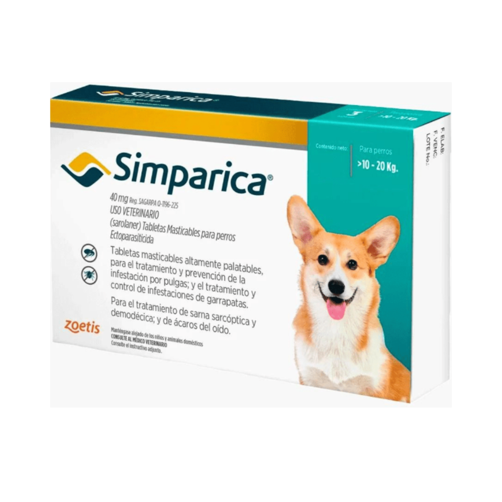 Simparica masticable 40 mg para perros de 10 a 20 kg, antiparasitario antipulgas y antigarrapatas