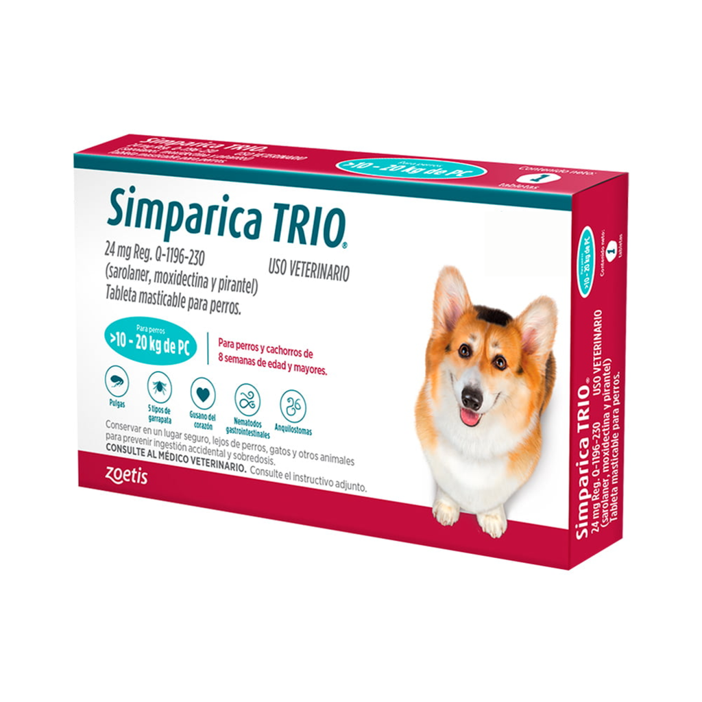 Simparica Trio 24 mg caja con 3 masticables para perros de 10 a 20 kg contra pulgas y garrapatas