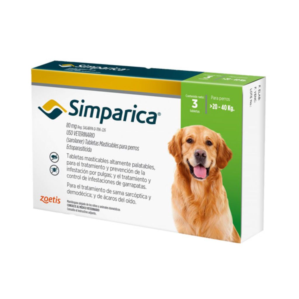 Simparica desparasitante masticable 80 mg para perros de 20 a 40 kg, caja con 3 tabletas