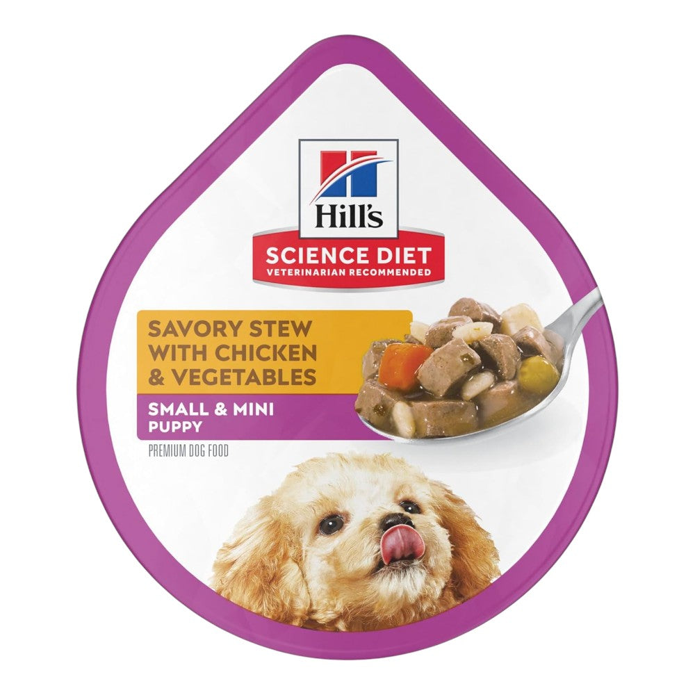 12 Tray Hill's SD Puppy Small and Mini Alimento Húmedo Cachorro Raza Pequeña Pollo y Vegetales 99 gr