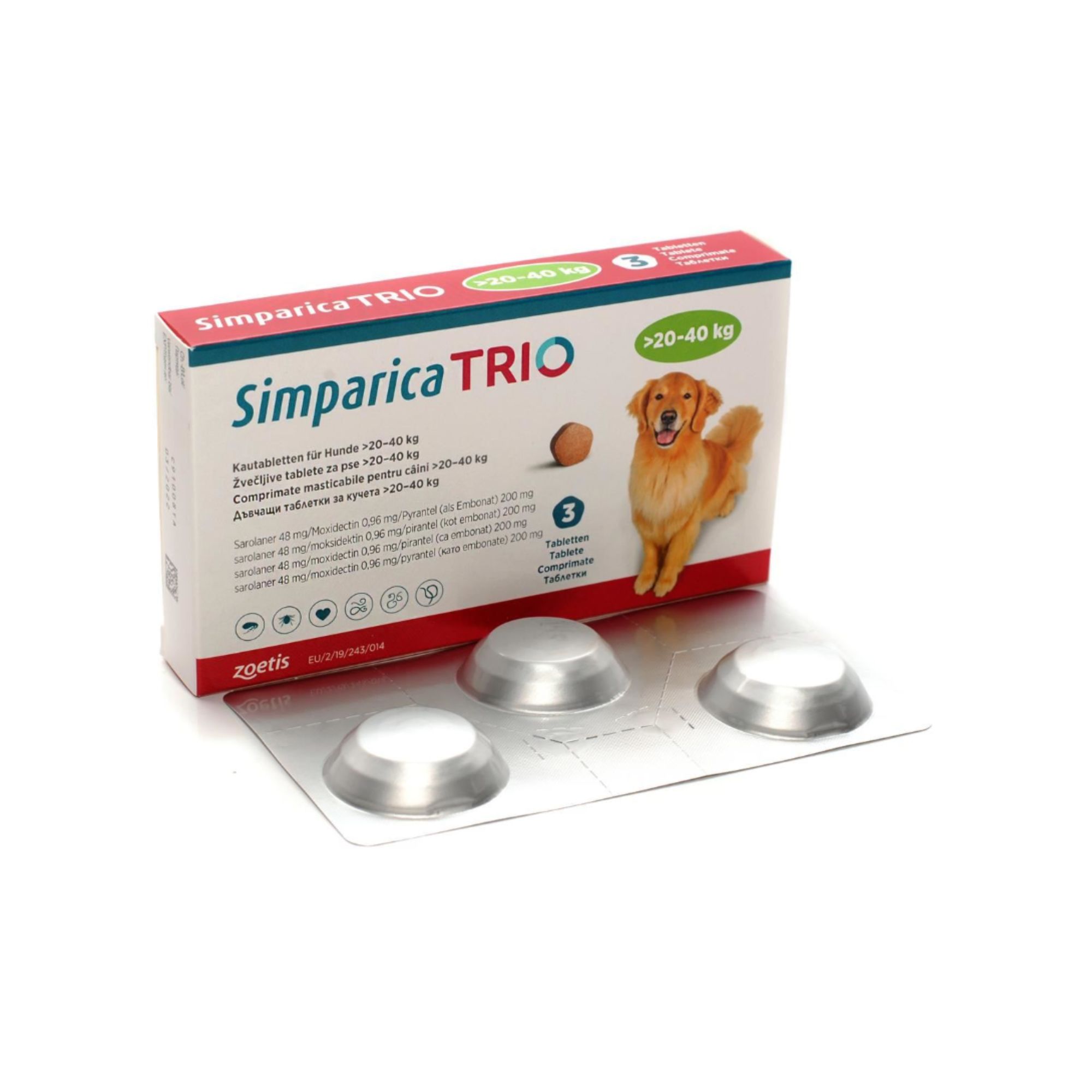 Tableta masticable Simparica Trio contra pulgas, garrapatas y gusano del corazón para perros grandes