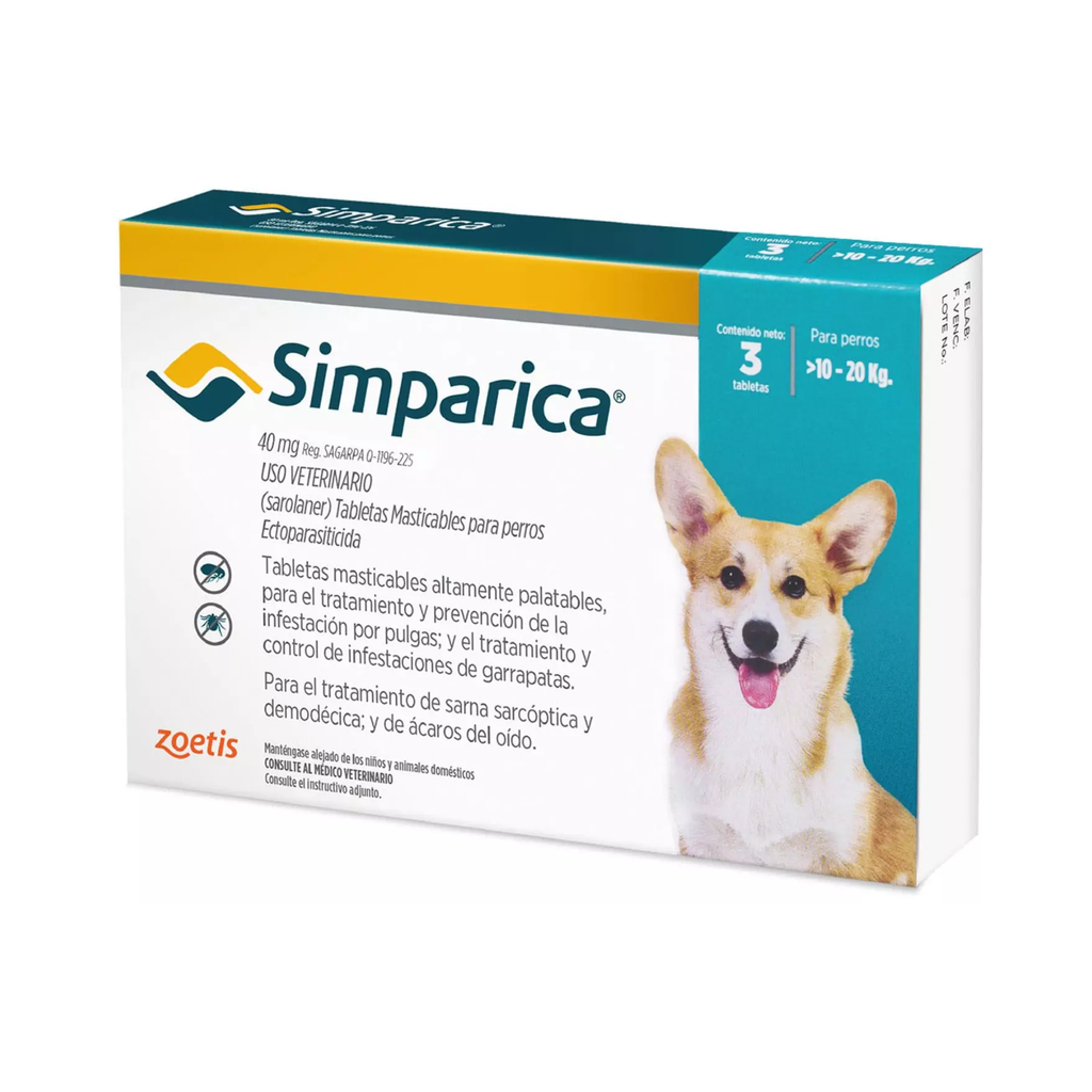 Simparica 3 masticables 40 mg para perros de 10 a 20 kg - AniMALL