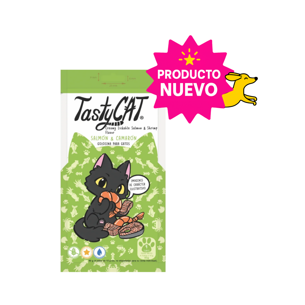 CORTA CADUCIDAD 25/07/2026 Premios para Gato Tasty Cat Salmon y Camaron Caja con 12 Bolsas de 4 Tubos de 15 g c/u